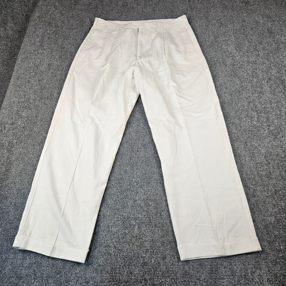Trust Mens Linen Blend Pleated Cuffed Trousers Off White Cream Actual (34x28)
